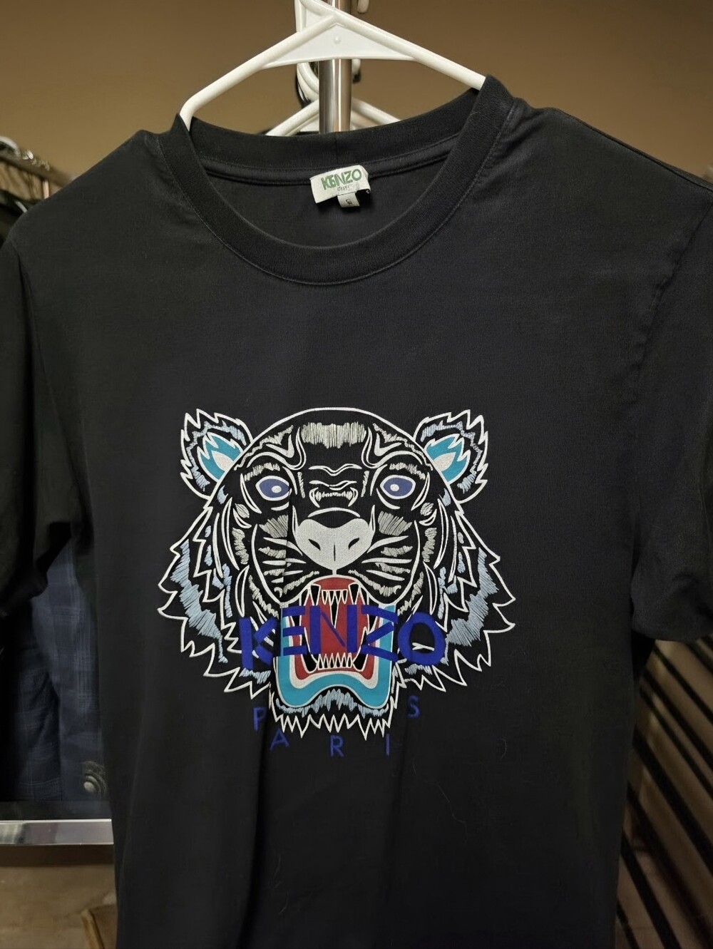 Kenzo Black Short Sleeve Tee with Blue & White Tiger Motif